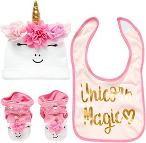 Rising Star Baby Girl Unicorn Hat, Bib, and Bootie Gift Box Set, Pink and White, Age 6-12 Months (GNX88614AZ)