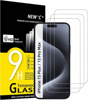 NEWC Pack of 3 Tempered Glass Screen Protector for iPhone 15 Pro Max / 15 Plus (6.7 Inches) 0.33mm Ultra Clear, Ultra Resistant